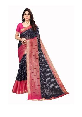 Navy Blue Printed Blended Saree Set