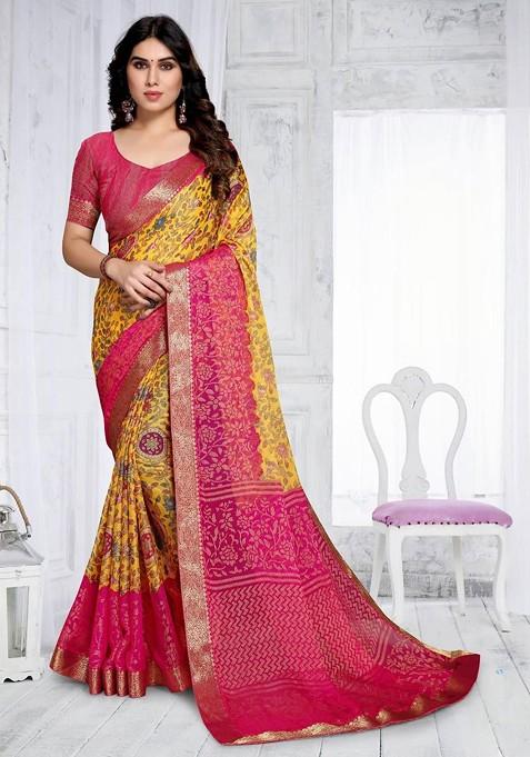 Yellow Printed Blended Saree Set