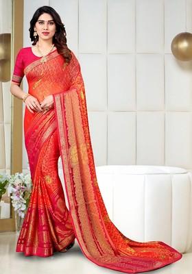 Pink Printed Blended Saree Set