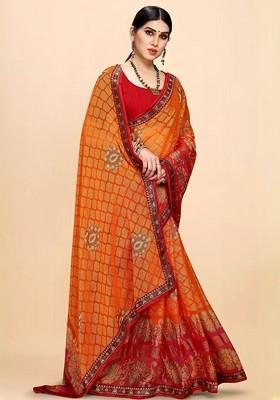 Orange Printed Blended Saree Set