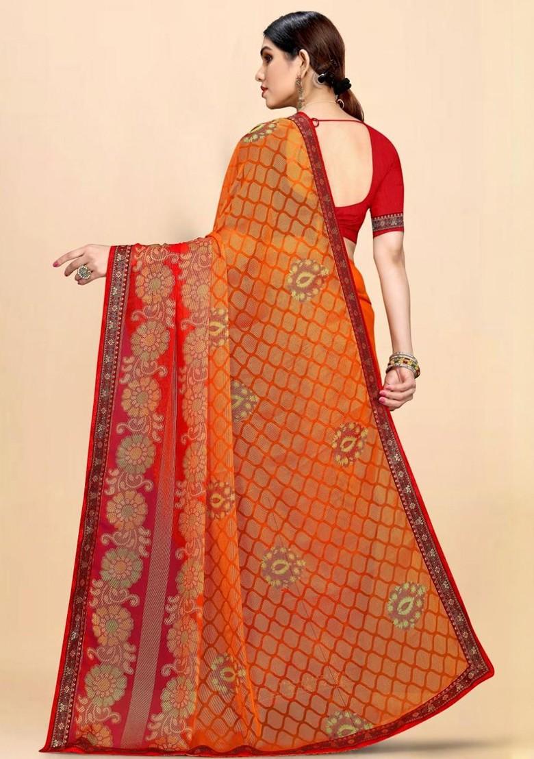 Orange Printed Blended Saree Set - Indya