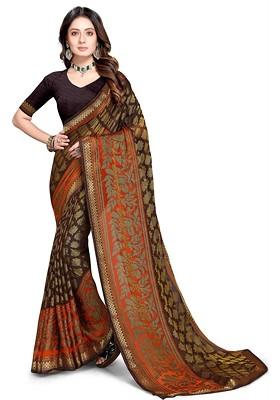 Brown Embroidered Blended Saree Set