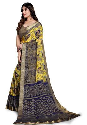 Navy Blue Printed Blended Saree Set