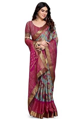 Purple Printed Blended Saree Set