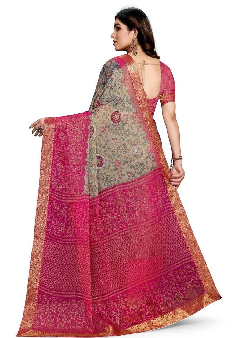 Grey Printed Blended Saree Set - Indya