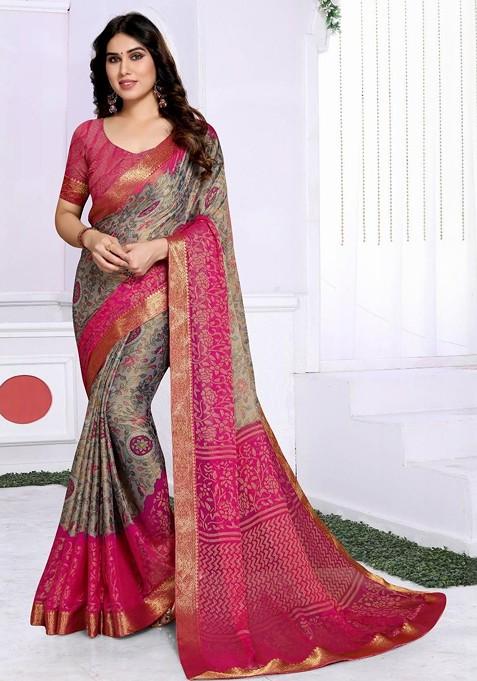 Grey Printed Blended Saree Set
