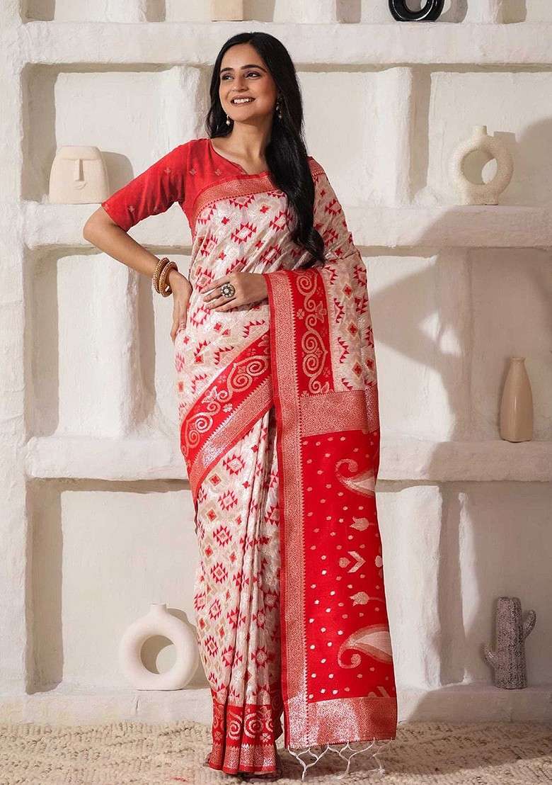 Off White Embroidered Blended Saree Set - Indya