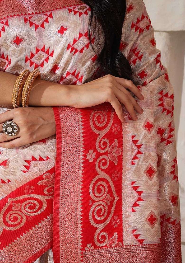 Off White Embroidered Blended Saree Set - Indya