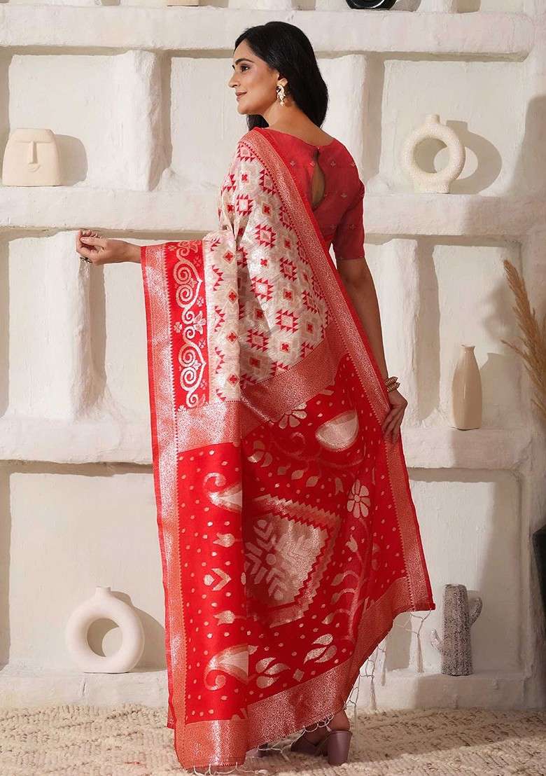 Off White Embroidered Blended Saree Set - Indya