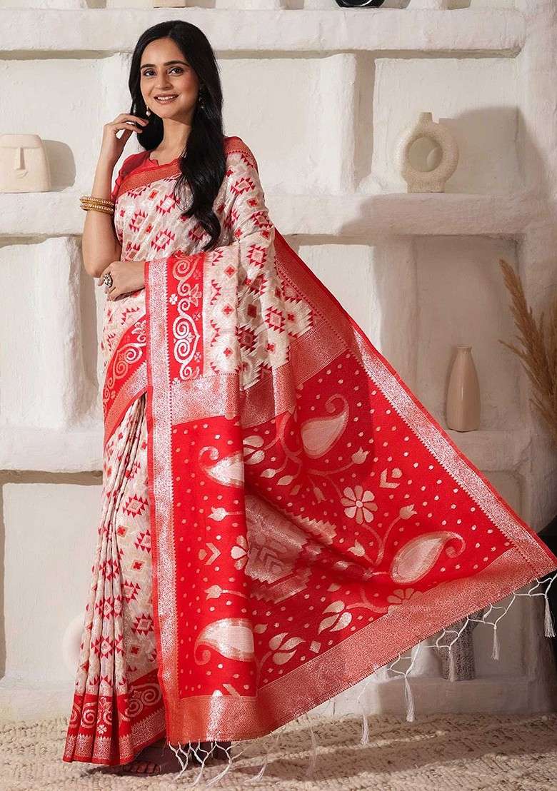 Off White Embroidered Blended Saree Set - Indya