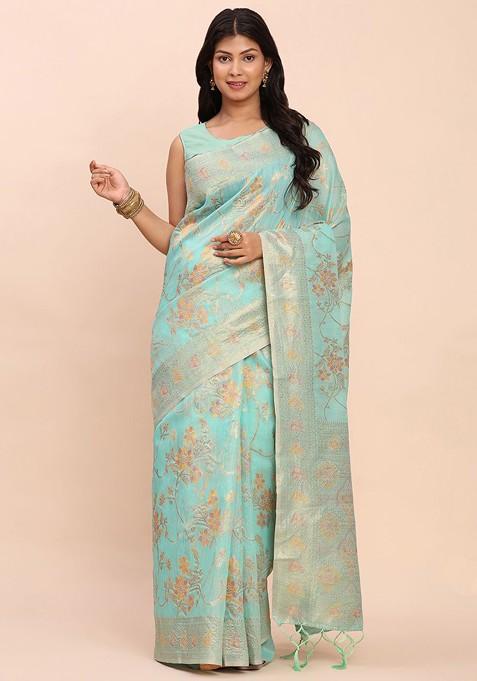 Teal Embroidered Blended Saree Set
