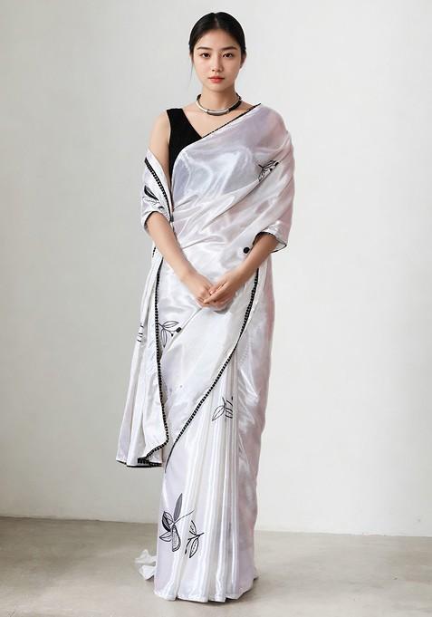 White Printed Blended Saree Set