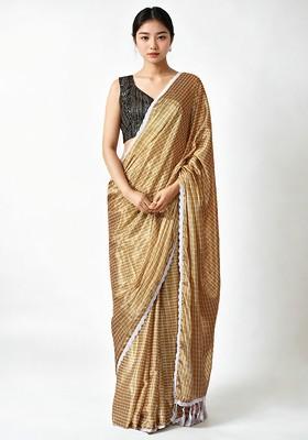 Mustard Embroidered Blended Saree Set