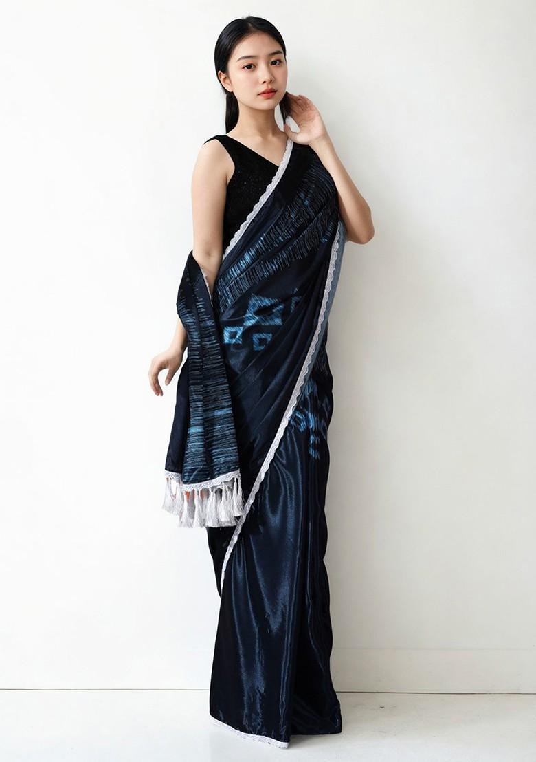 Navy Blue Embroidered Blended Saree Set