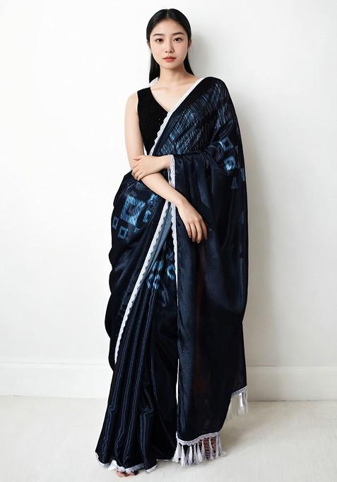 Navy Blue Embroidered Blended Saree Set