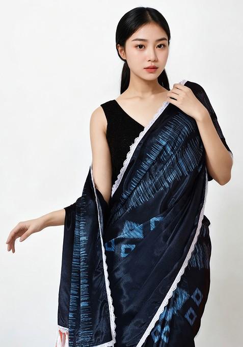 Navy Blue Embroidered Blended Saree Set