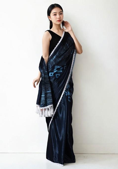 Navy Blue Embroidered Blended Saree Set