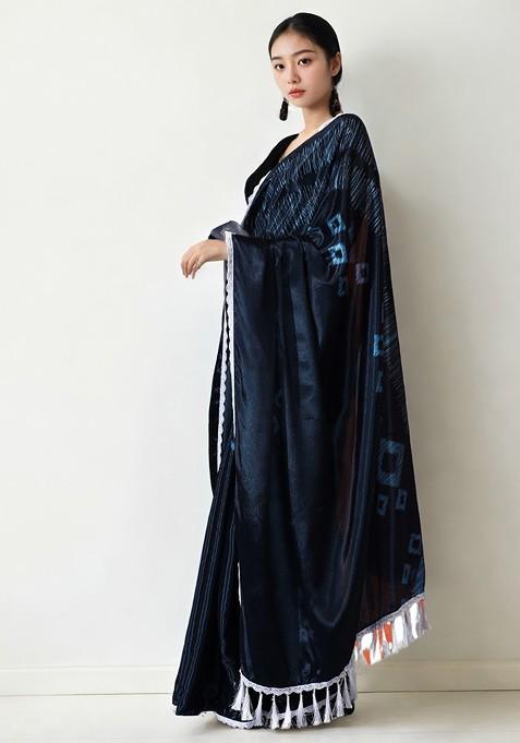 Navy Blue Embroidered Blended Saree Set