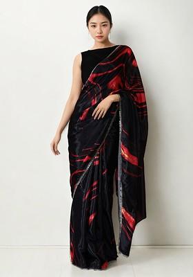 Black Printed Blended Saree Set