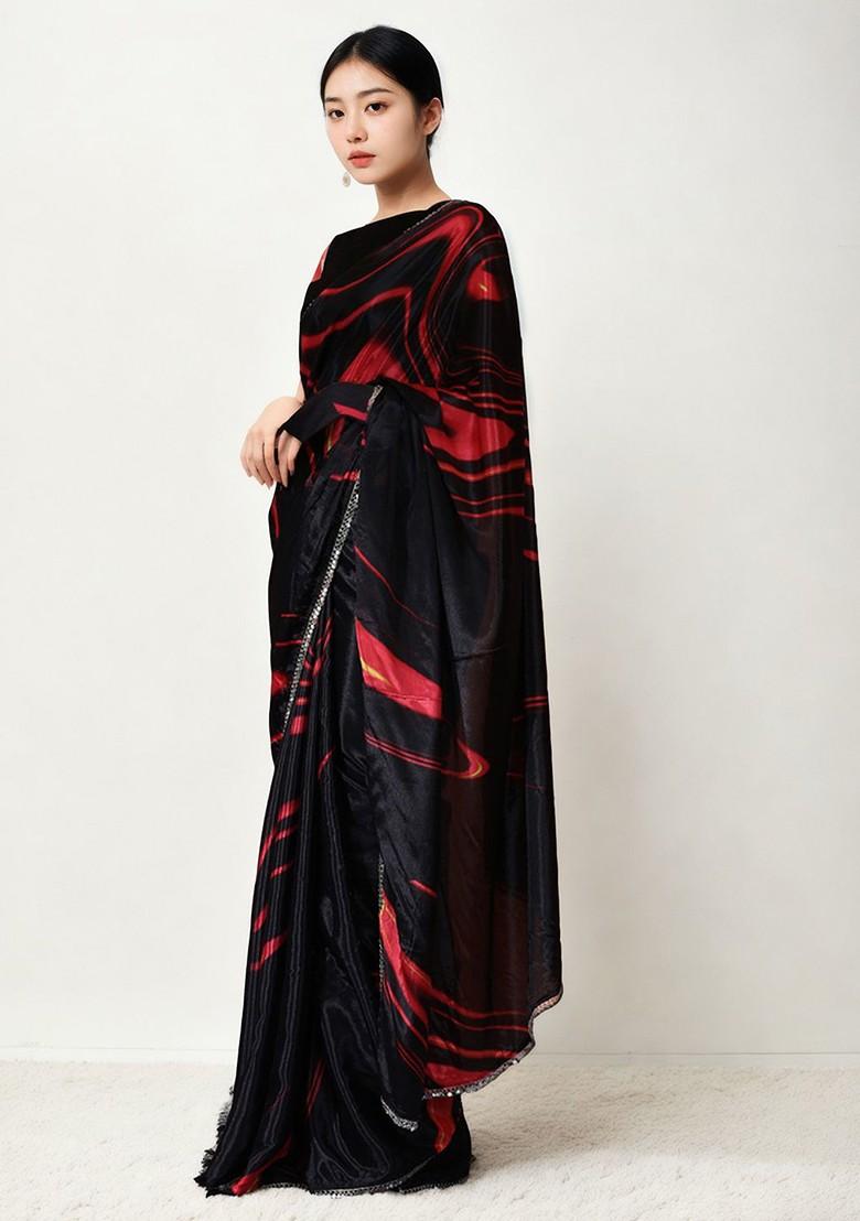 Black Printed Blended Saree Set - Indya