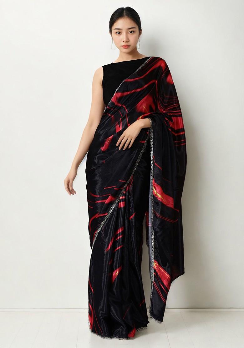 Black Printed Blended Saree Set - Indya