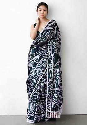 Teal Printed Blended Saree Set