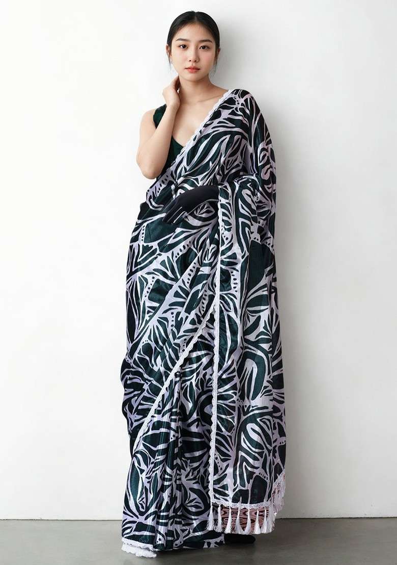 Teal Printed Blended Saree Set - Indya