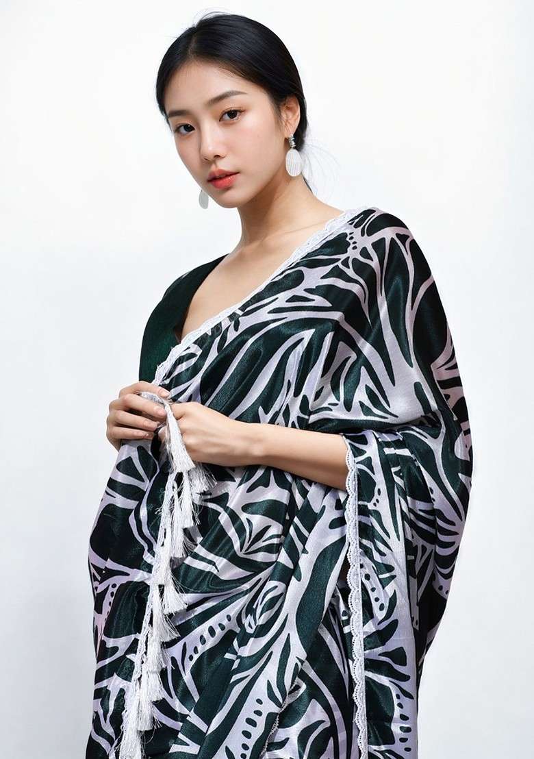 Teal Printed Blended Saree Set - Indya