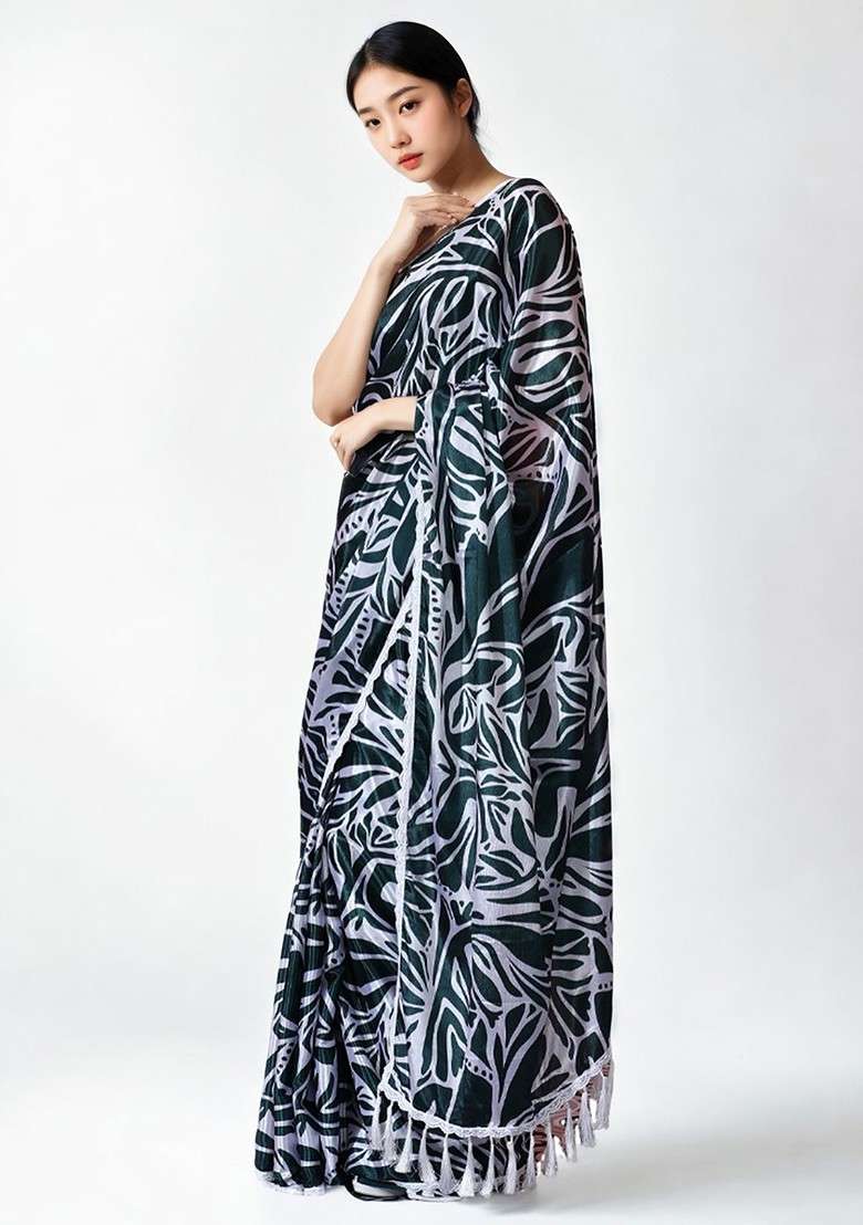 Teal Printed Blended Saree Set - Indya