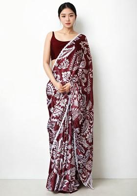 Maroon Printed Blended Saree Set
