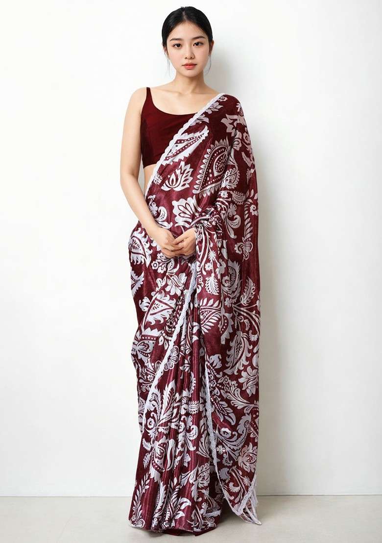 Maroon Printed Blended Saree Set - Indya