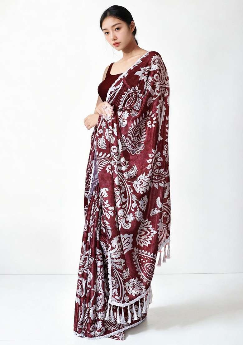 Maroon Printed Blended Saree Set - Indya