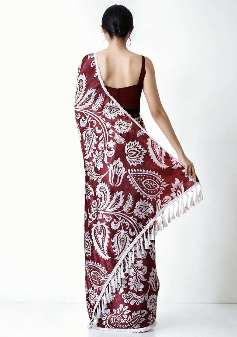 Maroon Printed Blended Saree Set - Indya