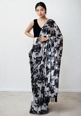 Off White Printed Blended Saree Set