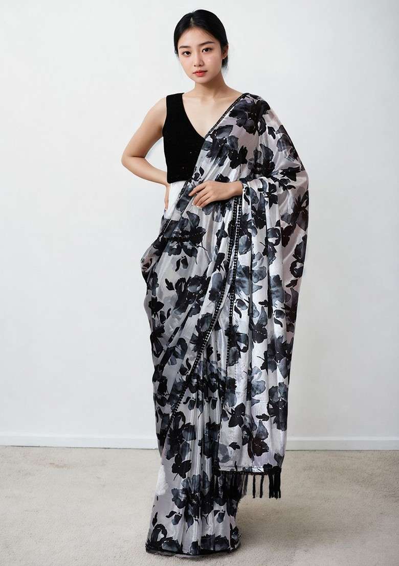 Off White Printed Blended Saree Set - Indya