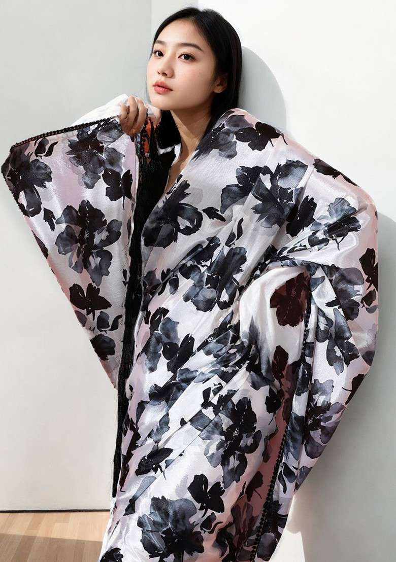 Off White Printed Blended Saree Set - Indya