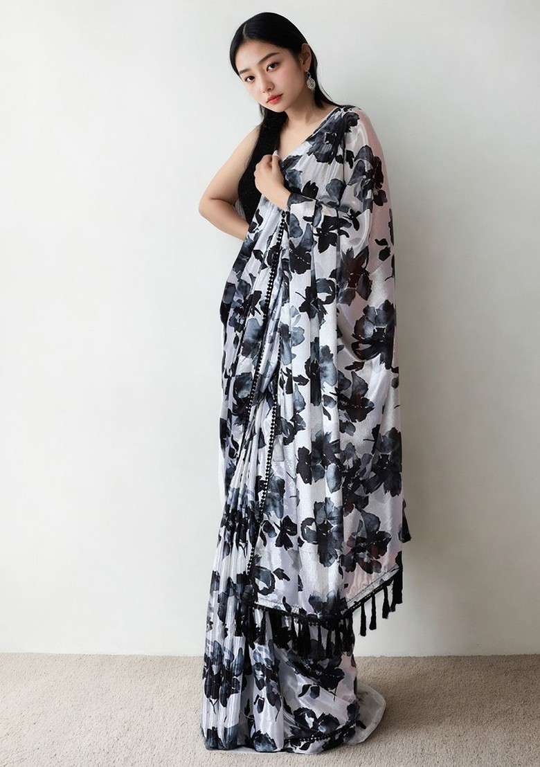 Off White Printed Blended Saree Set - Indya