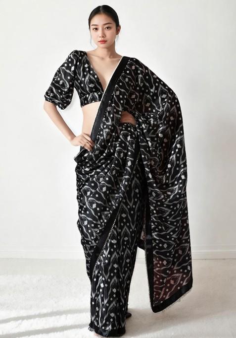 Black Embroidered Blended Saree Set