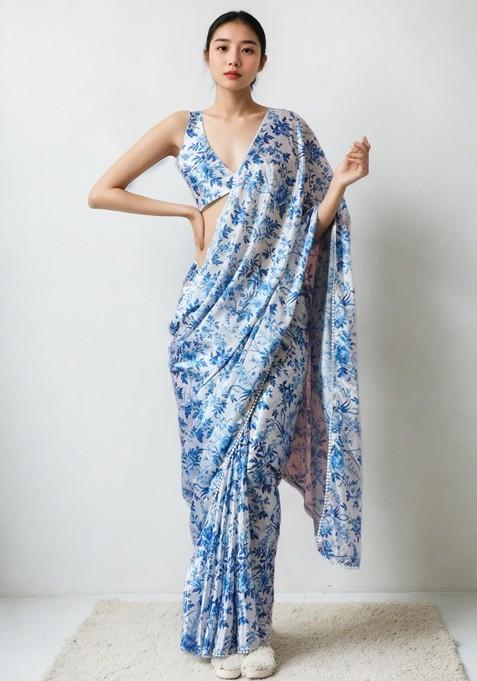 Blue Printed Blended Saree Set