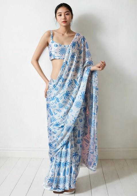 Turquoise Blue Printed Blended Saree Set — view on Indya