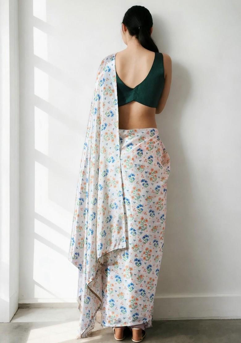 Off White Printed Blended Saree Set