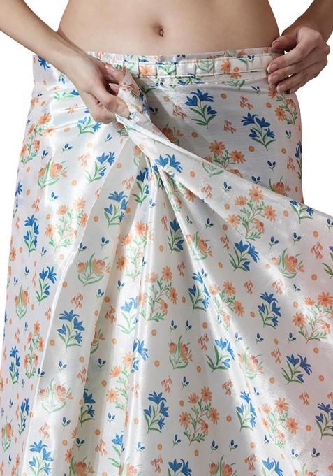 Off White Printed Blended Saree Set