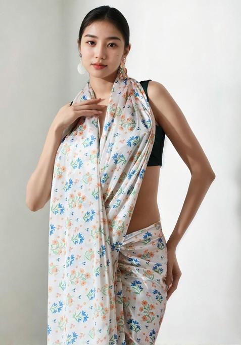 Off White Printed Blended Saree Set