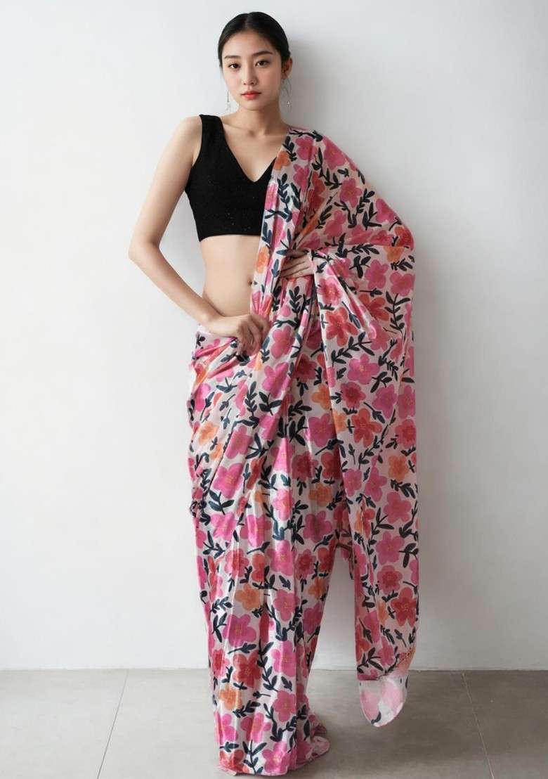 Magenta Printed Blended Saree Set for Diwali and Festive Wear - Indya