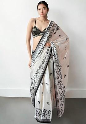 White Printed Blended Saree Set