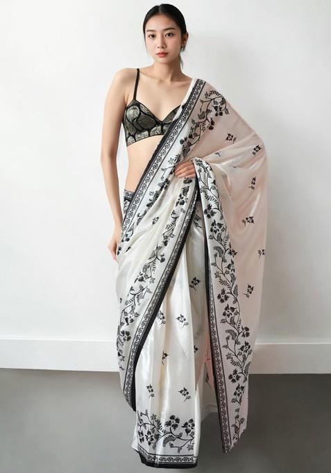 White Printed Blended Saree Set — view on Indya