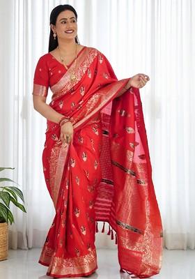 Red Jacquard Blended Saree Set