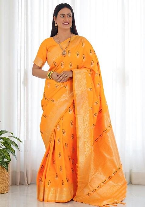 Yellow Printed Blended Saree Set