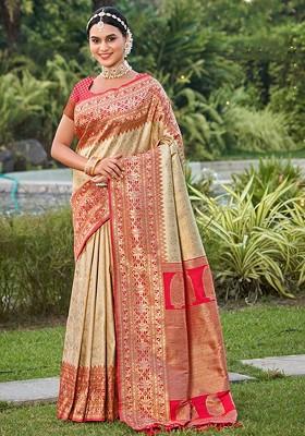 Cream Jacquard Blended Saree Set