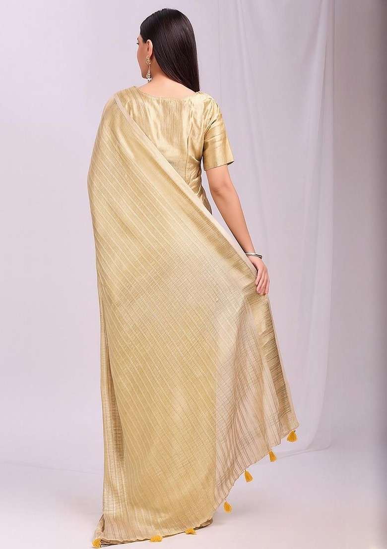 Gold Embroidered Blended Saree Set - Indya